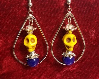 Yellow Sugar Skulls with Blue Bead Earrings