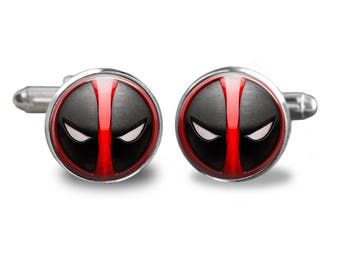 Deadpool cufflinks superhero cufflinks Marvel cufflinks comic book mens cufflinks glass cufflinks silver cufflinks