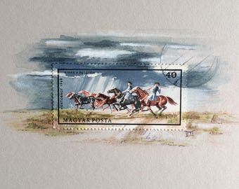Cowboys wall art, Wild West, western, horse painting, postage stamp, rodeo cowboy, rainy day, stormy sky, wild horses, horseback rider, pony