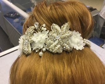 Lace embellished chiffon flower Diamante and crystal headress