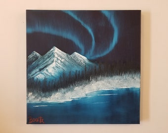 Bob Ross Style Oil Painting Purple Alaska Northern Lights