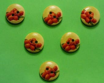 LOT 6 BOUTONS BOIS : rond thème fruit motif litchi 15mm