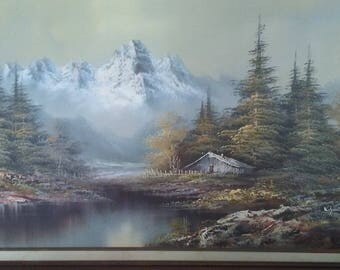 K. Smith original mountain cabin oil painting