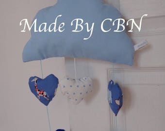 Musical mobile cloud hanging hearts print & sky blue cotton