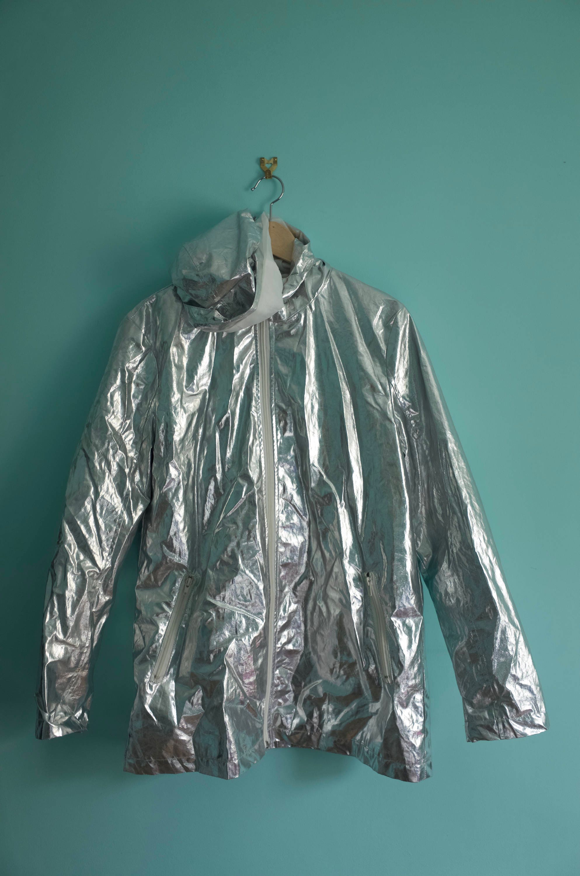Barbarella styling silver rain jacket with hood