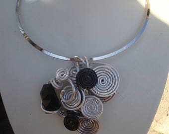 Pendant necklace, black, silver, Crystal and aluminum wire, wedding, party