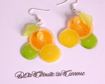 Earrings green, lemon yellow, lemon and grapefruit