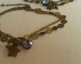 Bronze chain bracelet sleek and charm star and purple beads