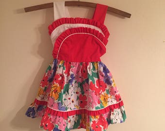 Vintage Martha's Miniatures Floral Ruffle Dress Toddler 4T Red White