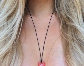 Stone donut pendant handmade cord necklace