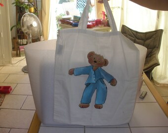 100% cotton tote bag, handpainted, Teddy bear in blue Pajamas pattern
