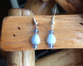 Blue glass teardrop and crystal earrings handmade