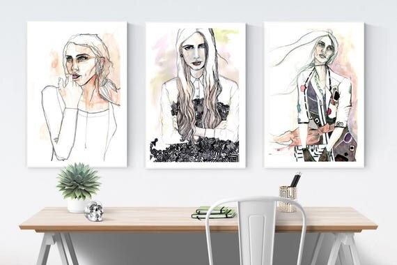 Set of Three Fashion Prints Beautiful Wall Art Sketch