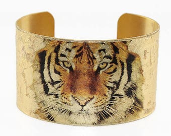 Photo Cuff, Brass Cuff Bracelet, Altered Art Jewelry, Photo Jewelry, Gold Leaf Cuff, TIGER Cuff - BIG CATS