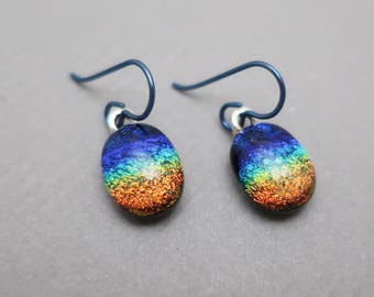Adorable Mini oval Rainbow fused dichroic glass earrings blue hypo-allergenic niobium ear wires fused glass jewelry