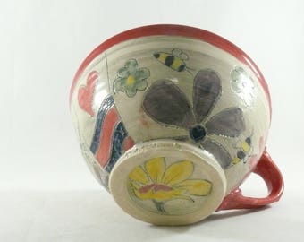 Large Latte Mug, Handled ceramic bowl for soup, salad, cereal , Soup Mug, Bowl with Handle, Save the Bees Pottery, Hearts Flowers 879