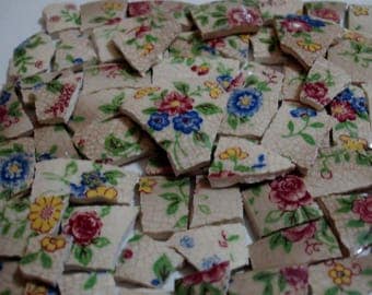 Chintz- Mosaic Tile Pieces - Chintz Flowers- Dark Pink Flowers-Blue Flowers- Yellow-Green - White Chintz Mosaic Tiles -Tesserae Pieces