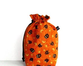 Drawstring Bag Knitting Project Padded Pouch - Little Black Halloween Owls