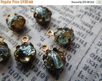 SALE 20% Off Mossy Green and Silver Vintage Lampworked Opal Square Octagon 6x6mm Glass Brass Ox Drops One Loop 6 Pcs
