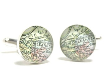 SUMMER SALE New Orleans Map, New Orleans Wedding, New Orleans Cufflinks, New Orleans Jewelry