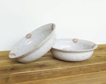 Glossy White Bowls with Stamped Sprigs, Rustic Speckled, Stoneware Pottery - Set of 2
