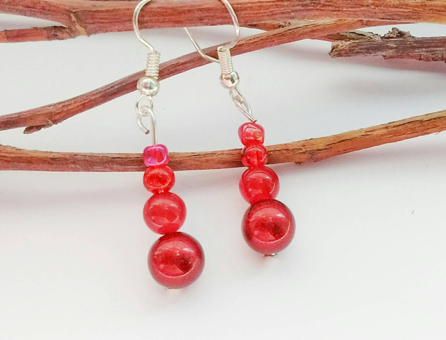 Long Red Bead Earrings Scarlet Bead Earrings Red Drop