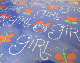 Ambassador 1980s Sealed Package NEW BABY Shower Gift Wrapping Paper 2 Sheets 20x30" GIRL Bright Blue Red Green Tulips Butterflies Polka Dots