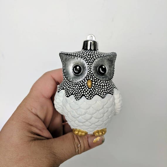 Black white and gold Owl Ornament: Shatter Resistant Hand Painted plastic Owl Ornament black and white