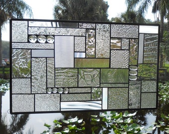 Stained Glass Panel, Stained Glass Transom Window, Glass Window Valance, OOAK Patchwork Stained Glass Window Treatment, Handmade Glass Quilt