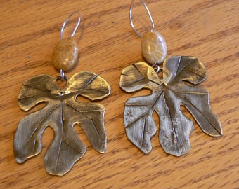 Large brass fig earrings with ammonite