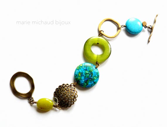 Boho bracelet, Big bracelet, Summer bracelet, Original bracelet, Boho jewelry,Turquoise and green, Original jewelry, Big summer bracelet