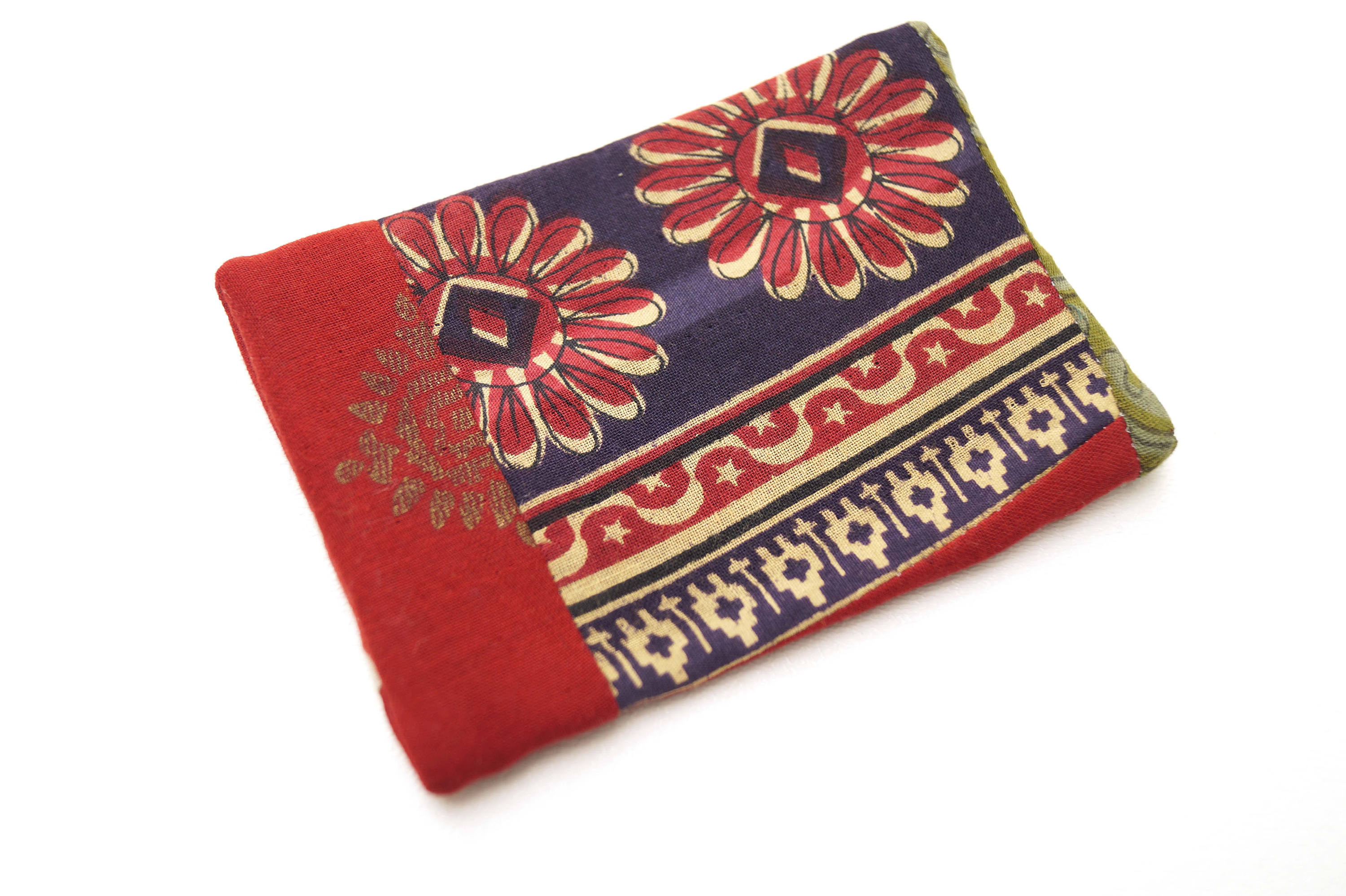 Travel Tissue Holder in Red and Black Kantha Blanket Scraps