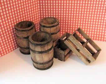 Dollhouse Barrels,Crates, , Dark oak , bar, pub barrels, farm barrels, miniature barrels., twelfth scale, a dollshouse miniature