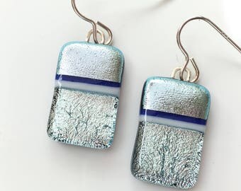 Silver Dichroic Earrings - Silver Bar Earrings - Handmade Earrings - Silver Drop Earrings - Fused Glass Jewellery EE 609