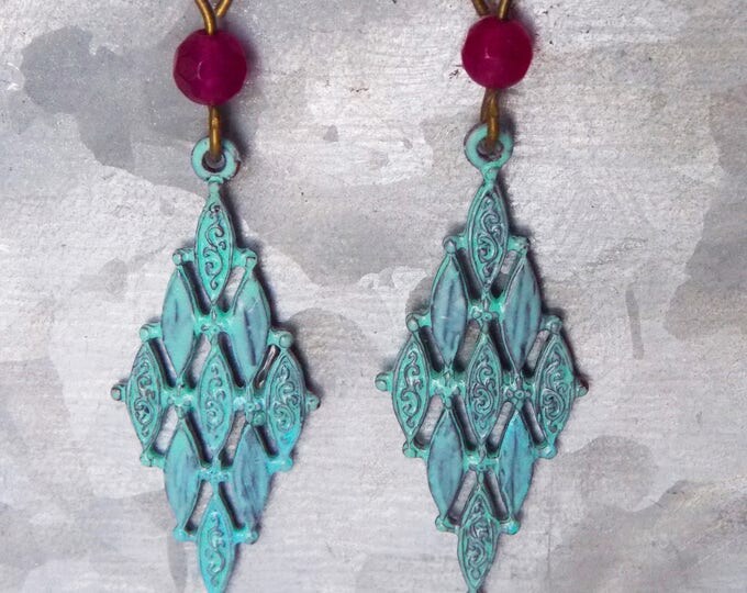Brass Patina Earrings Turquoise Ruby Gemstone Earrings Bohemian Earrings Boho Gypsy Earrings Brass Stamping