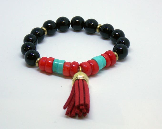 Red Coral Black Onyx Gemstone Bracelet Suede Tassel Stretch Bracelet Turquoise Heishi Brass Beaded Stack Trendy Layering Bracelet