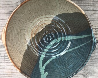 Large Salad Bowl, Serving Bowl Centerpiece Bowl - in a combination of blue, cream and a splash of green with handles In Stock