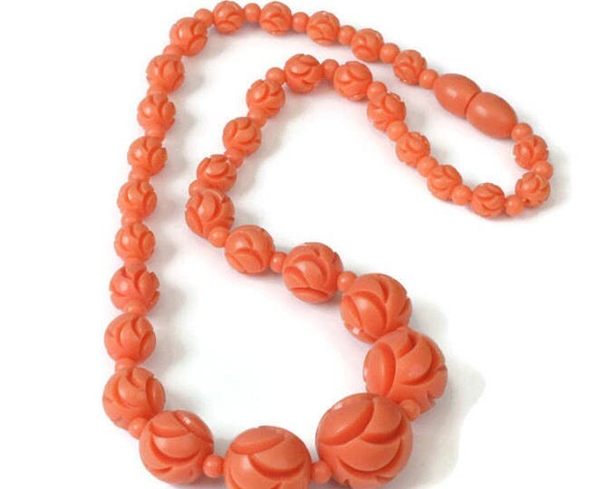 Art Deco Carved Bead Necklace Coral Peach Melon Early Plastics Vintage