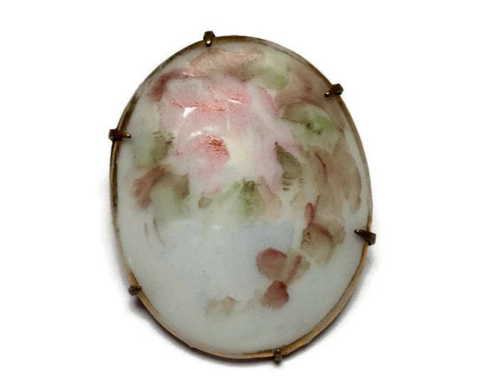 Victorian Hand Painted Porcelain Brooch Pink Rose and Flowers Antique Vintage