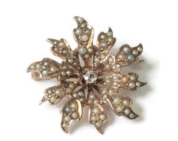 CIJ Sale Victorian 10K Gold Pin Seed Pearls Diamond Starburst Antique Pin