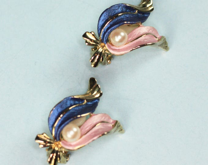 Pink and Blue Enameled Earrings Faux Pearl Clip On Style Vintage