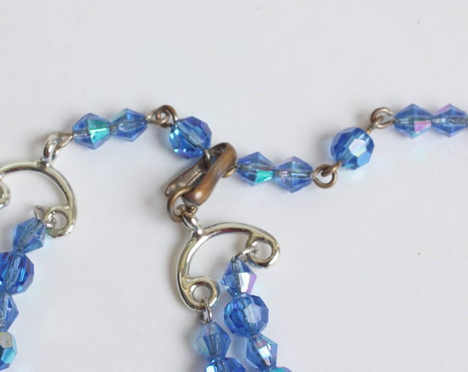 Blue AB Crystal Choker Necklace Two Strands Rhinestone Rondelles Vintage
