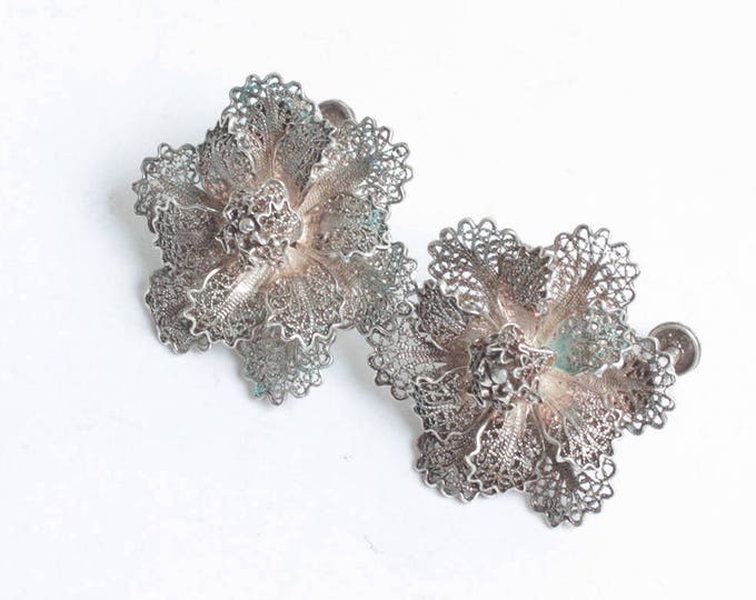 Silver Filigree Flower Earrings Dimensional Layered Screw Back Vintage