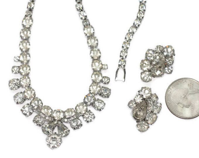 Weiss Clear Rhinestone Crystal Necklace Earrings Set Demi Parure Original Box