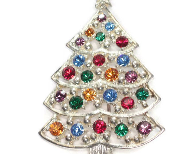 Eisenberg Ice Rhinestone Christmas Tree Pin Multi Color Silver Tone Original Card