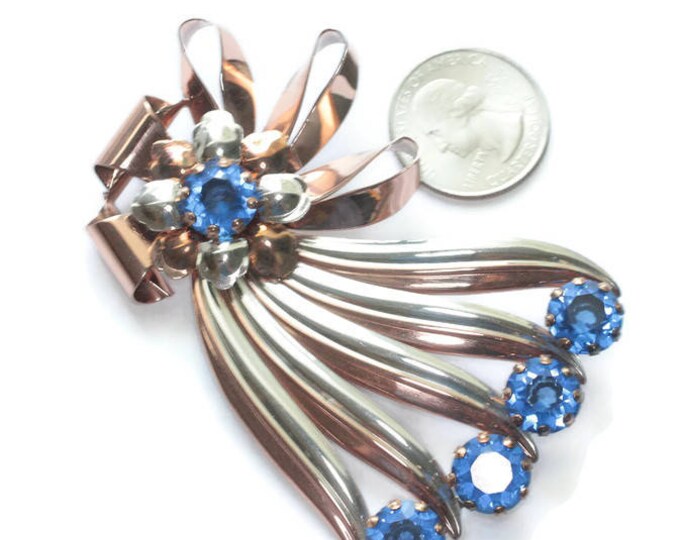 Vermeil Sterling Blue Stone Set Retro 1940s Brooch Earrings Ribbons Bow Design Original Box