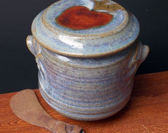 Large Stoneware French Butter Crock With Clay Knife ~ Apple Design ~ holds 2 sticks