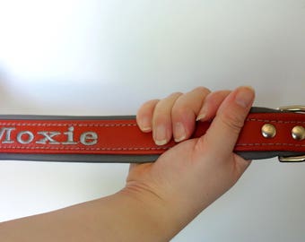 Personalized Leather Dog Collar Padded Lining One and Half Inch (1.5 inch) Wide Tapered down to one inch side release buckle