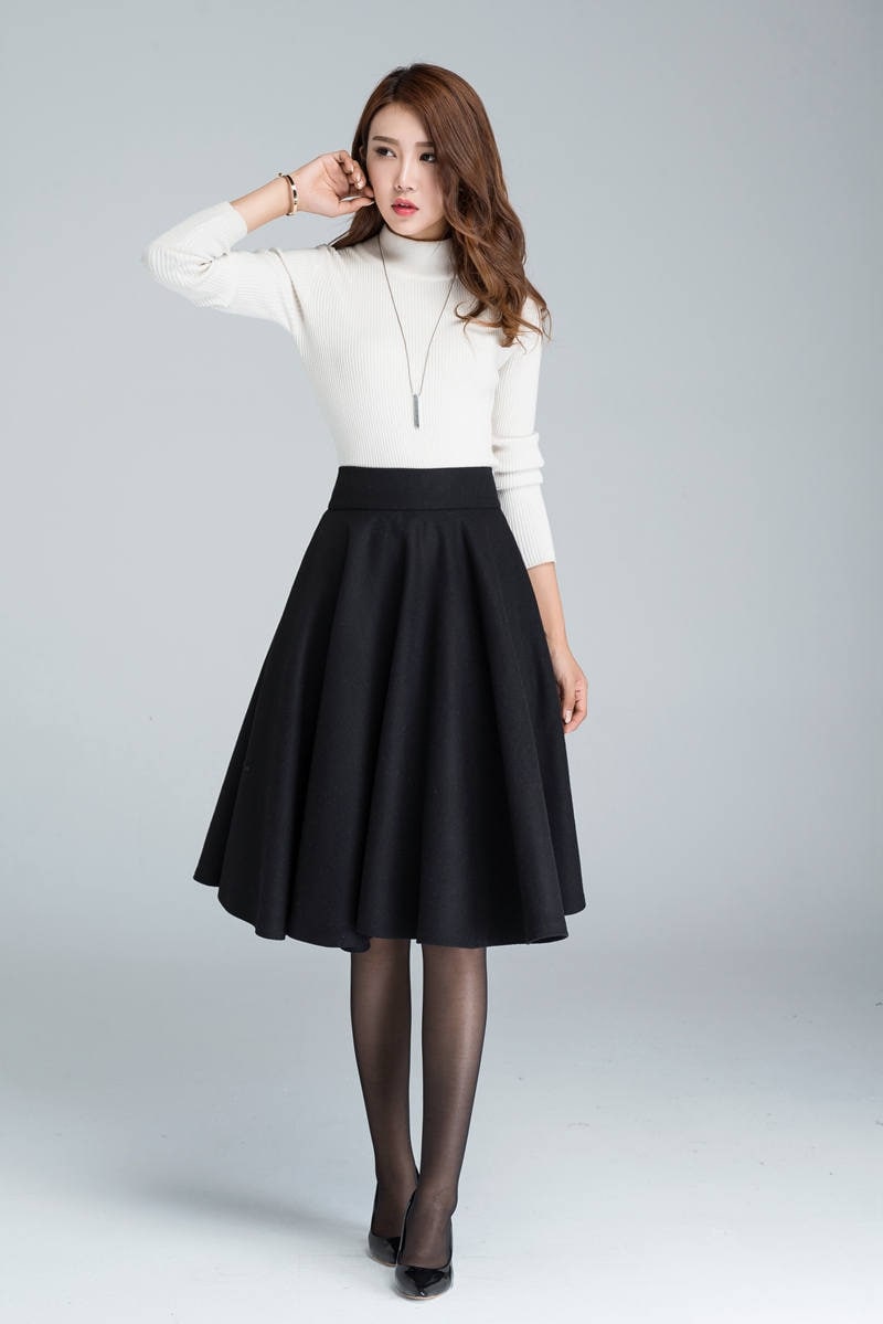 Wool circle skirt black skirt pleated skirt knee length
