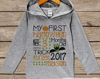 My First Halloween Outfit - Kids Stats Hoodie - Baby 1st Halloween Outfit - Baby Boy or Girl Grey Pullover - Kids First Halloween Bat Hoodie